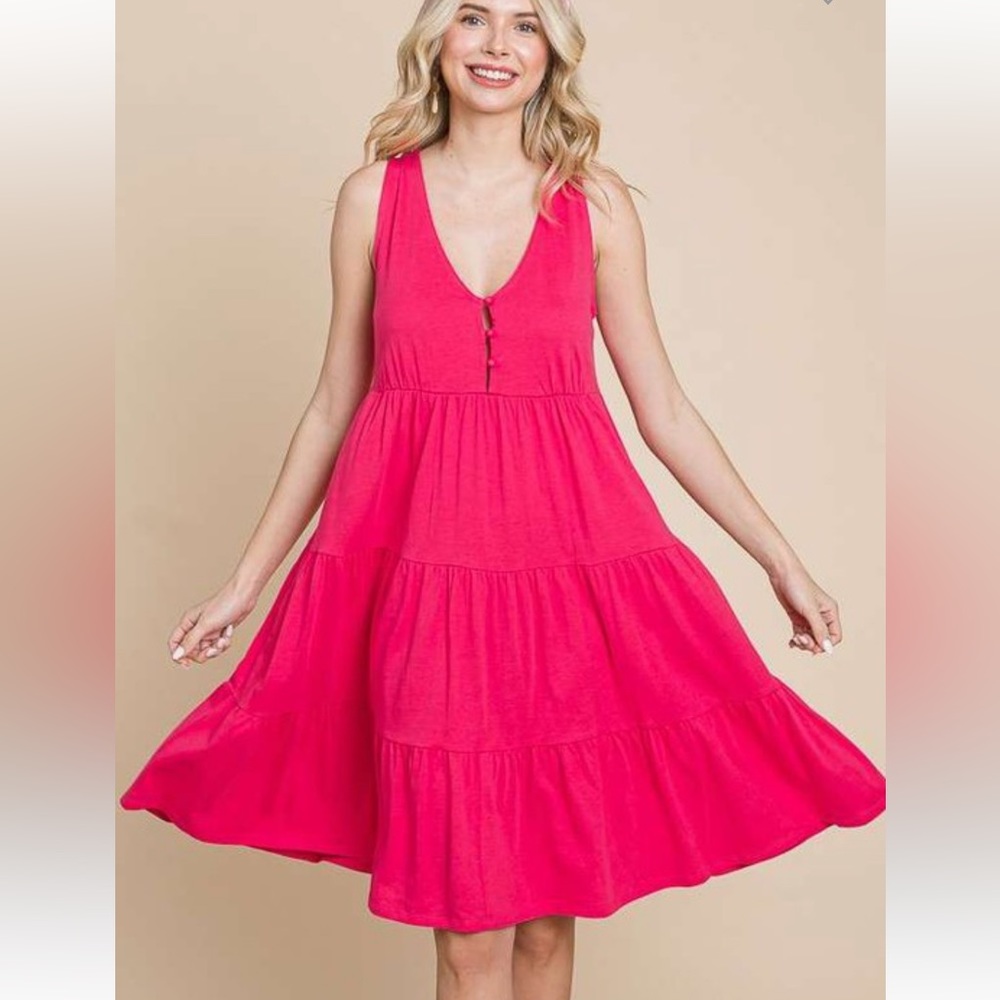 Tiered Button Front Racerback Dress in Pink Flash